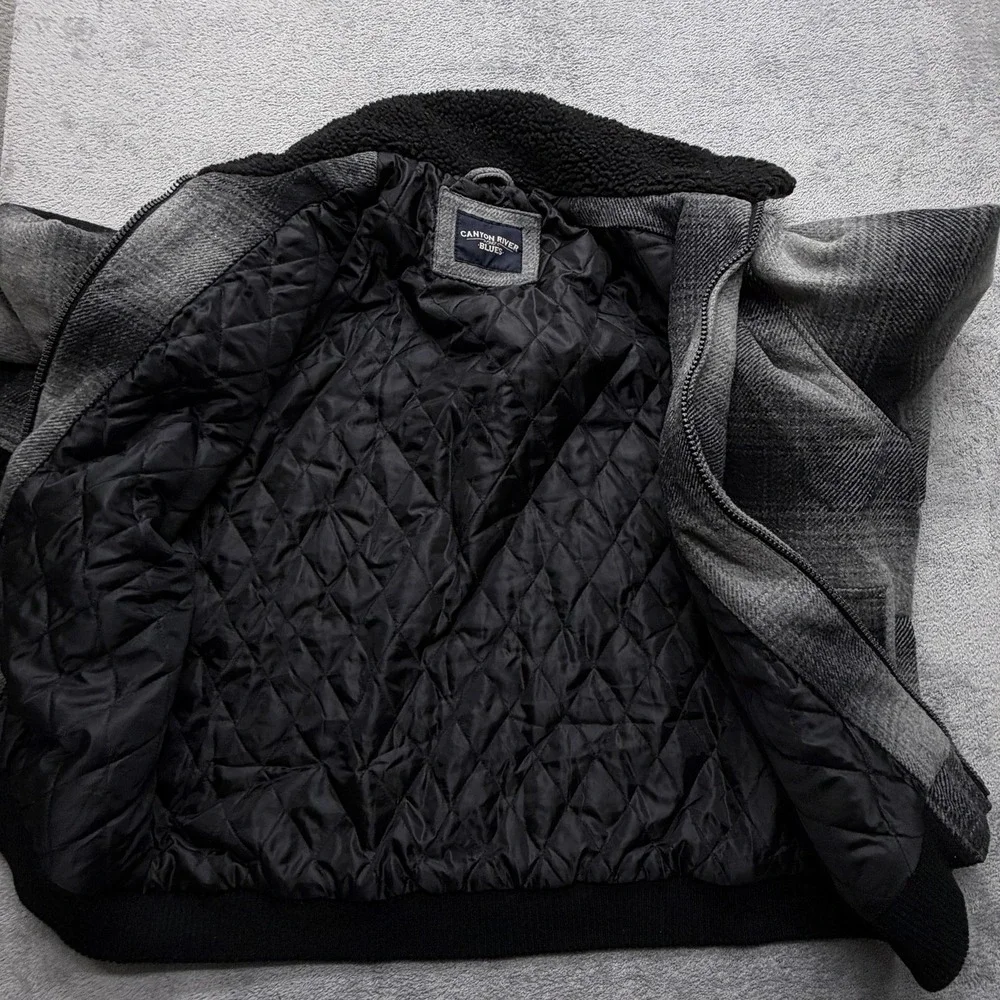 Canyon River Blues Jacket Mens XL Gray Plaid Wool Blend Sherpa Collar‎ Quilted